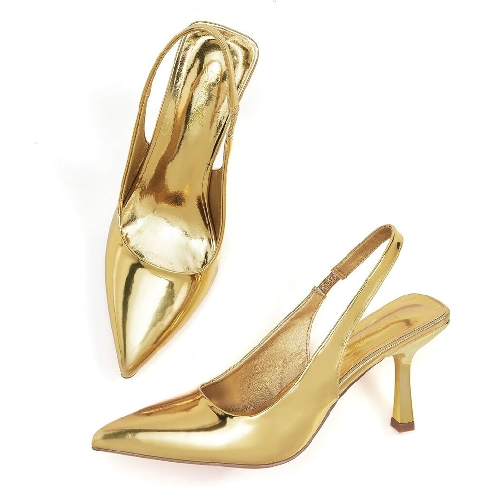 🆕Women's Gold Slingback Kitten Heel Pointed Closed Toe Stiletto Pumps Slip